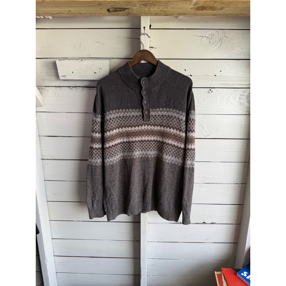 Woolrich Mens Fair Isle Henley Sweater Mock Neck Brown Geometric Knit XL